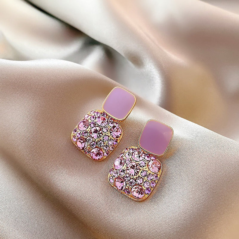 Purple Diamond Square Korean Style Earrings Women's .